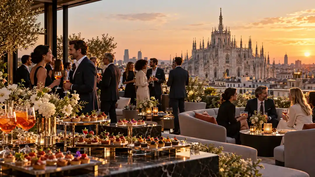 AI-generated illustration of corporate rooftop hospitality overlooking Milan at sunset